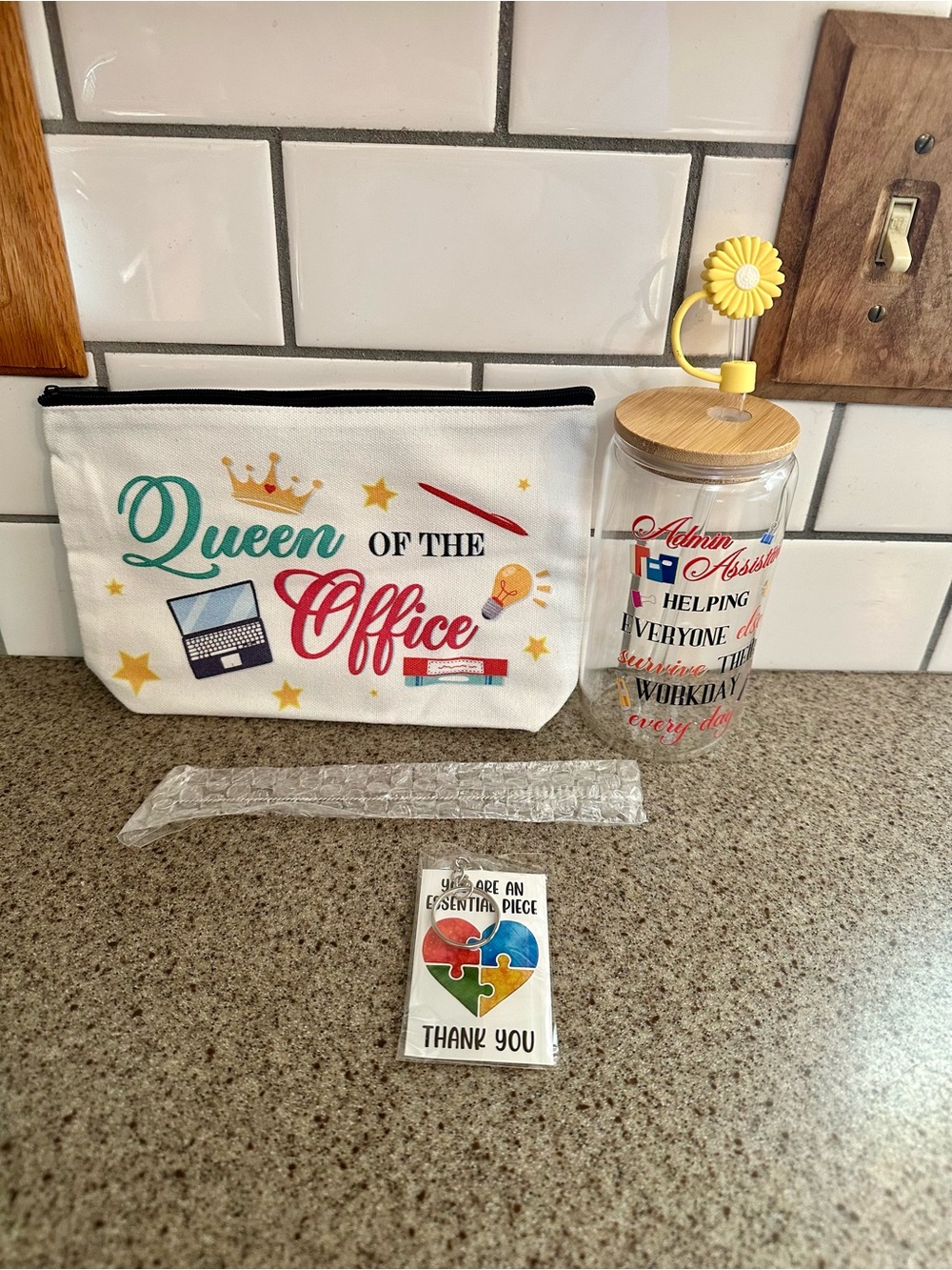 Queen of the Office gift lot: canvas pouch, glass tumbler & keychain. NEW!